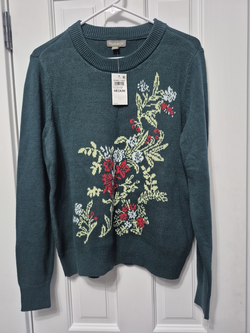 NWT Style & Co. Dark Teal Crewneck Sweater with Red and Cream Floral Knit